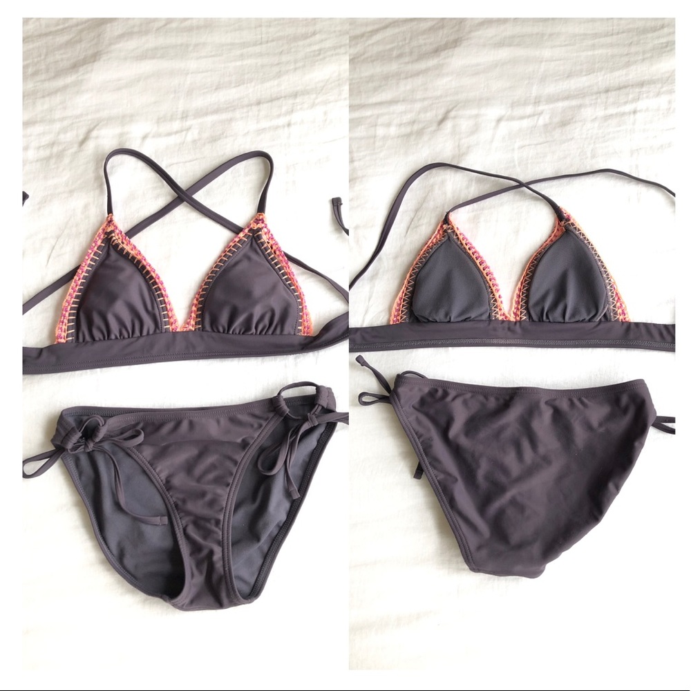 purple and crochet bikini set